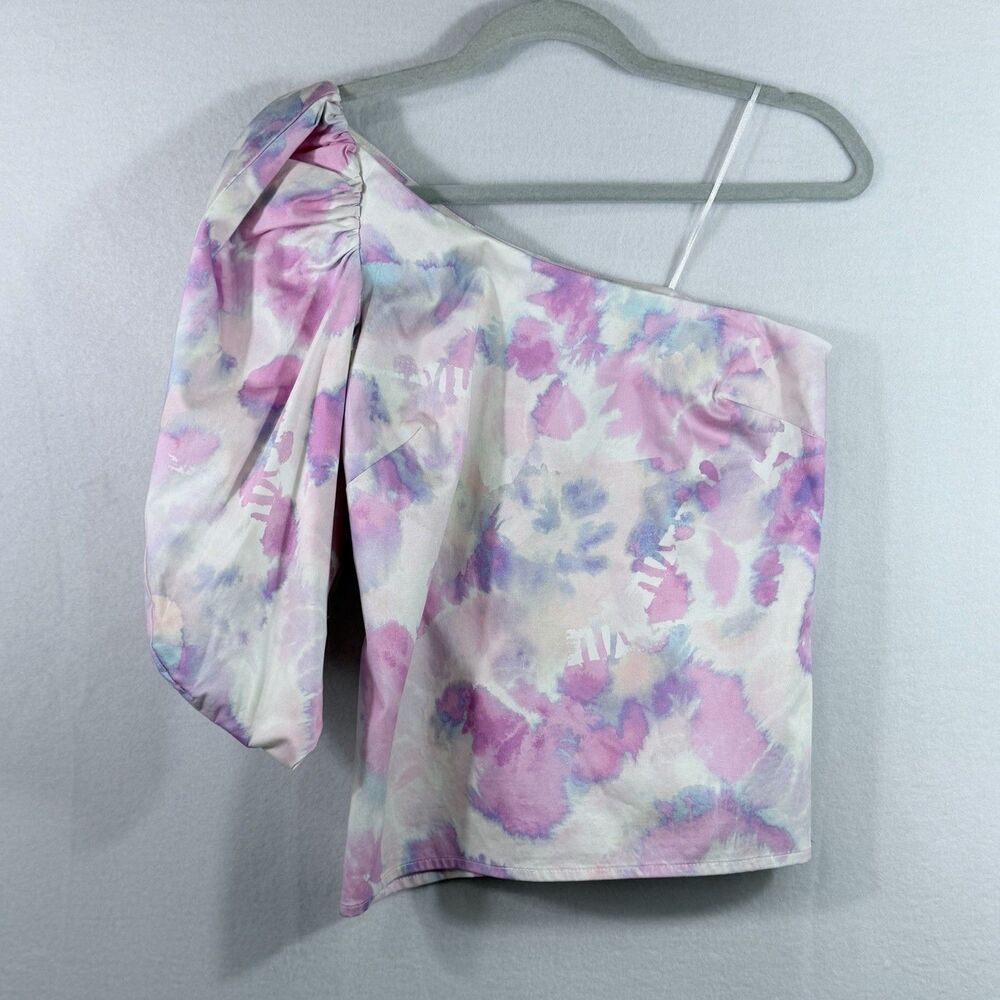 AIIFOS Pink Purple Watercolor One Shoulder Puff 3/4 Sleeve Top Blouse Size XS